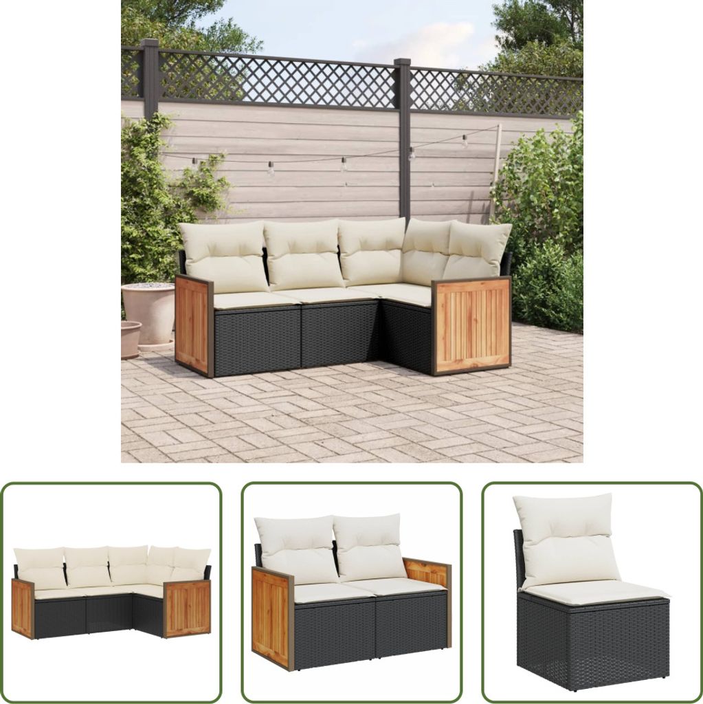 The Living Store 4-tlg. Garten-Sofagarnitur mit Kissen Schwarz Poly Rattan