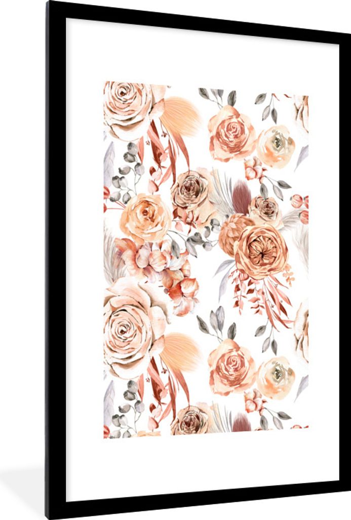 MuchoWow Gerahmtes Poster Rosen - Braun - Weiß 60x90 cm - Poster mit Schwarzem Bilderrahmen Wandposter Rahmen Foto Bilder - Dekoration - Wandpos...