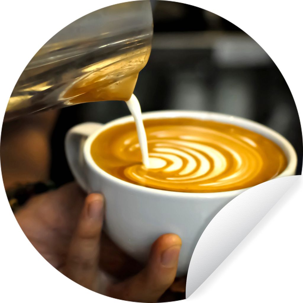 MuchoWow Runde Wandtattoo - Wandsticker Tapete Aufkleber Die Milch wird wie ein Milchkaffee in die Tasse des Cappuccinos gegossen. Ø 30 cm Selbs...