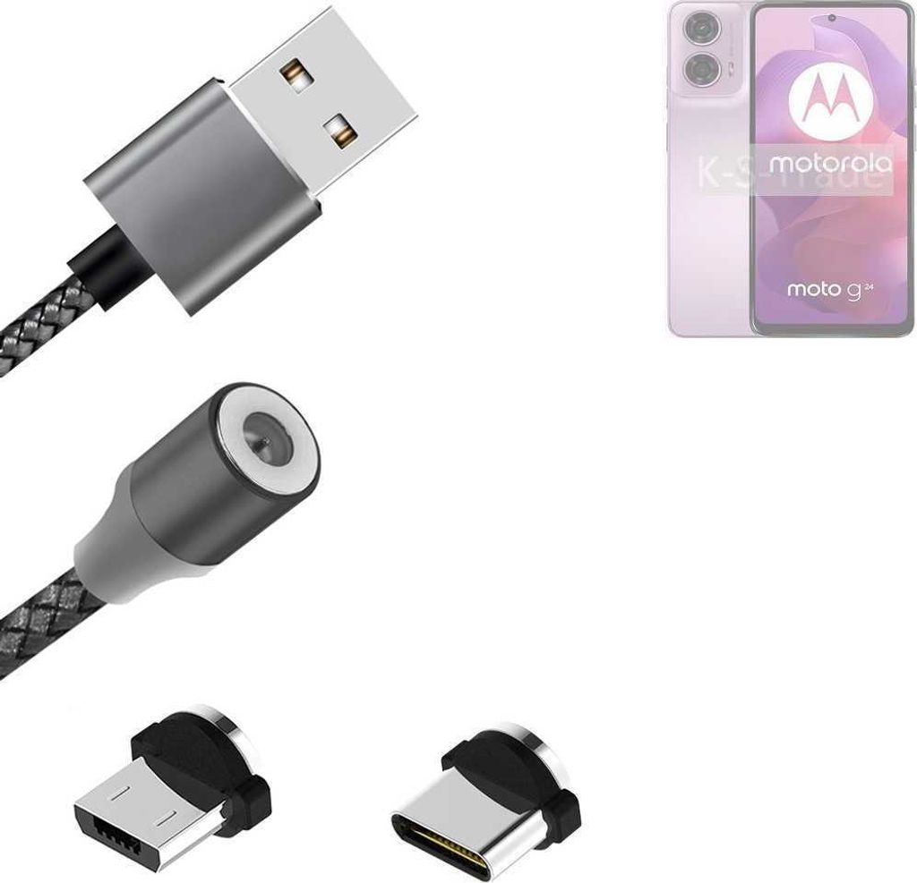 K-S-Trade Hochwertiges Magnet-Lade-kabel Sync-Kabel Daten-Kabel für Motorola Moto G24 mit USB-Typ-C-Anschluss und Micro-USB-Anschluss 2A bis zu