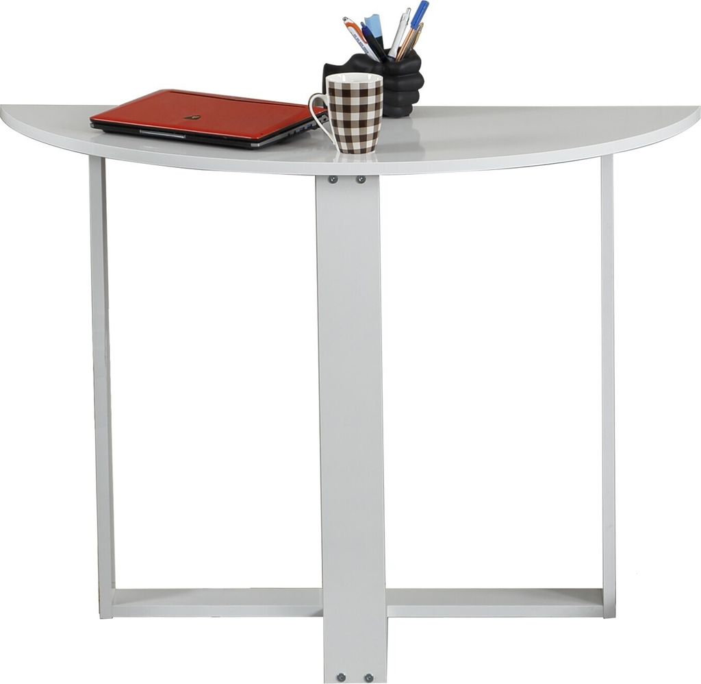 A white semi-circular desk with a laptop, a mug, and pens in a holder.