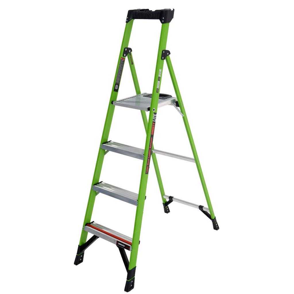 A bright green step ladder with silver steps and black accents is shown against a white background.