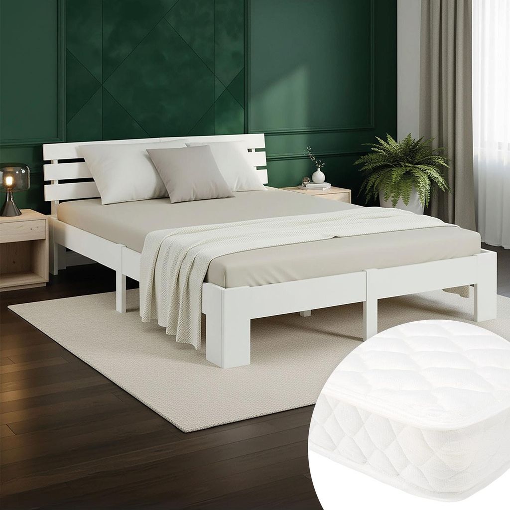 Massivholzbett 140x200 cm Weiß – Bett mit Matratze | Doppelbett Jugendbett Gästebett | Homestyle4u