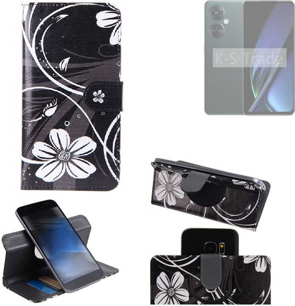 K-S-Trade Schutzhülle Handyhülle kompatibel mit Oppo K11x Hülle 360° Wallet Case “Flowers“ Klapphülle Hülle schwarz-weiß 1x