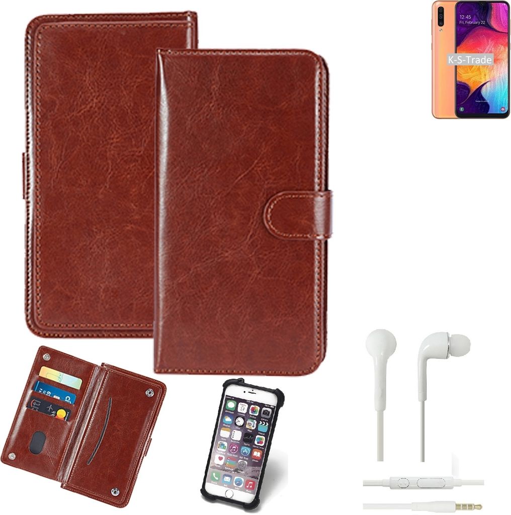 K-S-Trade 360° Hülle kompatibel mit Samsung Galaxy A50 inkl. Headphones braun Kunstleder Case BookCase WalletCase Kunstlederederhülle Handyhülle,