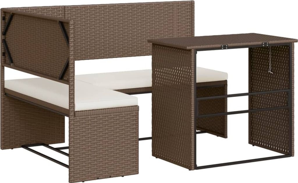 Gartensofa in L-Form mit Tisch und Kissen Braun Poly Rattan