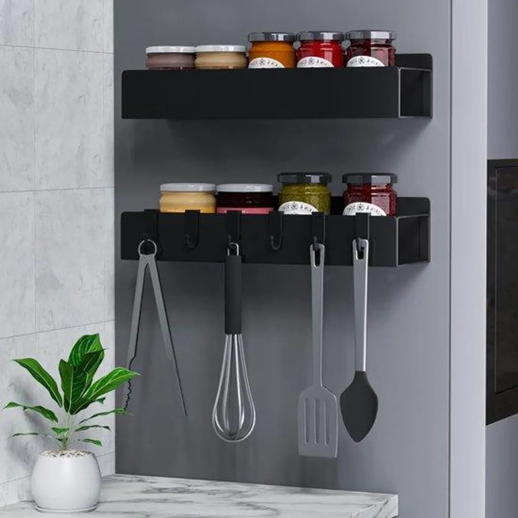 Étagère magnétique cuisine noir sans perçage pour épices et outils