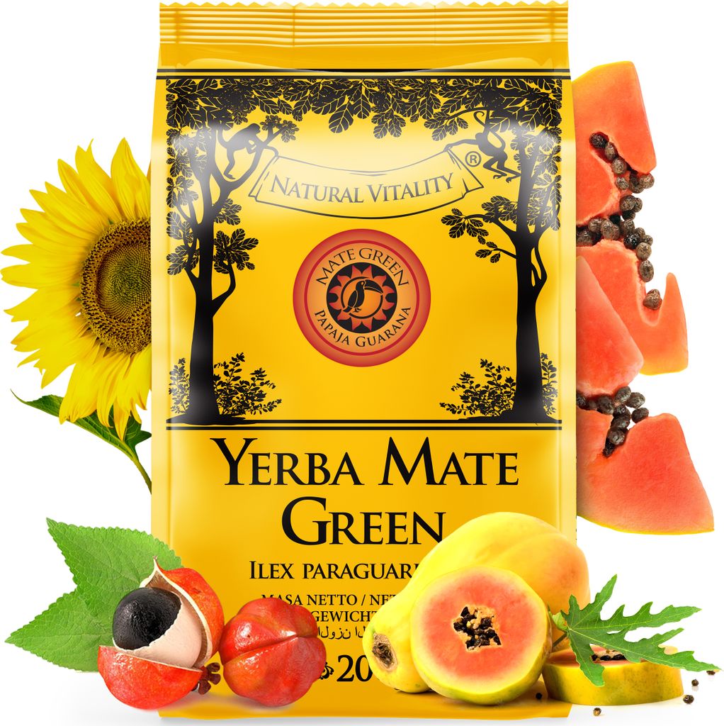 Yerba Mate Tee MATE GREEN Papaja Guarana 200g - Brasilianische Yerba Mate-Tee mit Guaranapulver und Papayafrüchten