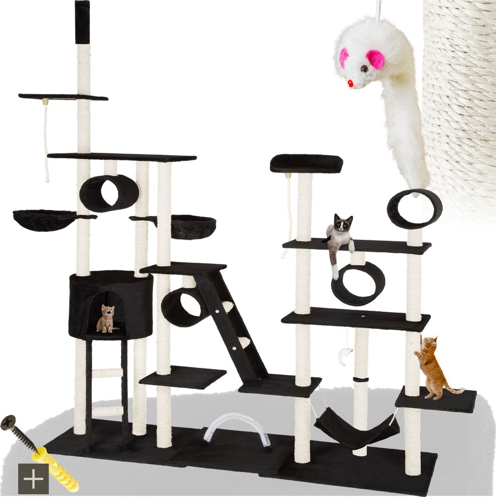 A multi-level cat tree with various platforms, scratching posts, and a hammock, featuring two cats and a toy mouse.