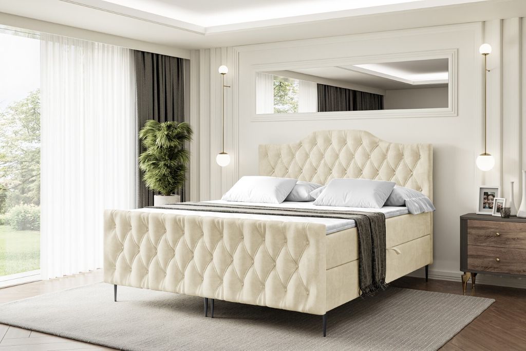 ALTDECOR Boxspringbett mit Schwarz Füßen, Matratze und Lattenrost, Topper, Fußteil, Polsterbett mit Bettkasten, Bett mit Stauraum H3-Matratze, D...
