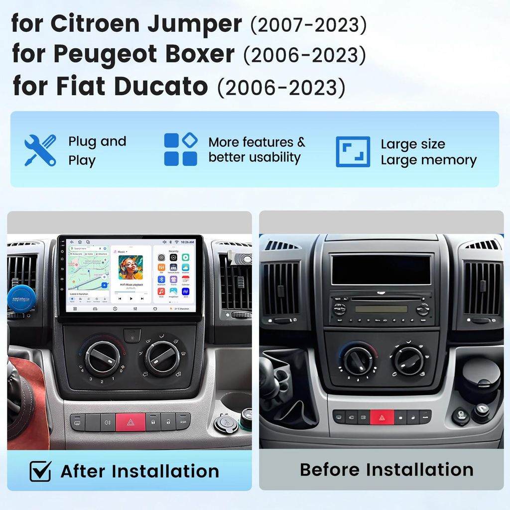 9 "Android 15 Carplay Autoradio Für Fiat Ducato 2006-2024, 8+256GB, Wireless CarPlay & Android Auto, 4G WLAN GPS Navi BT DSP USB, 360° Kamera