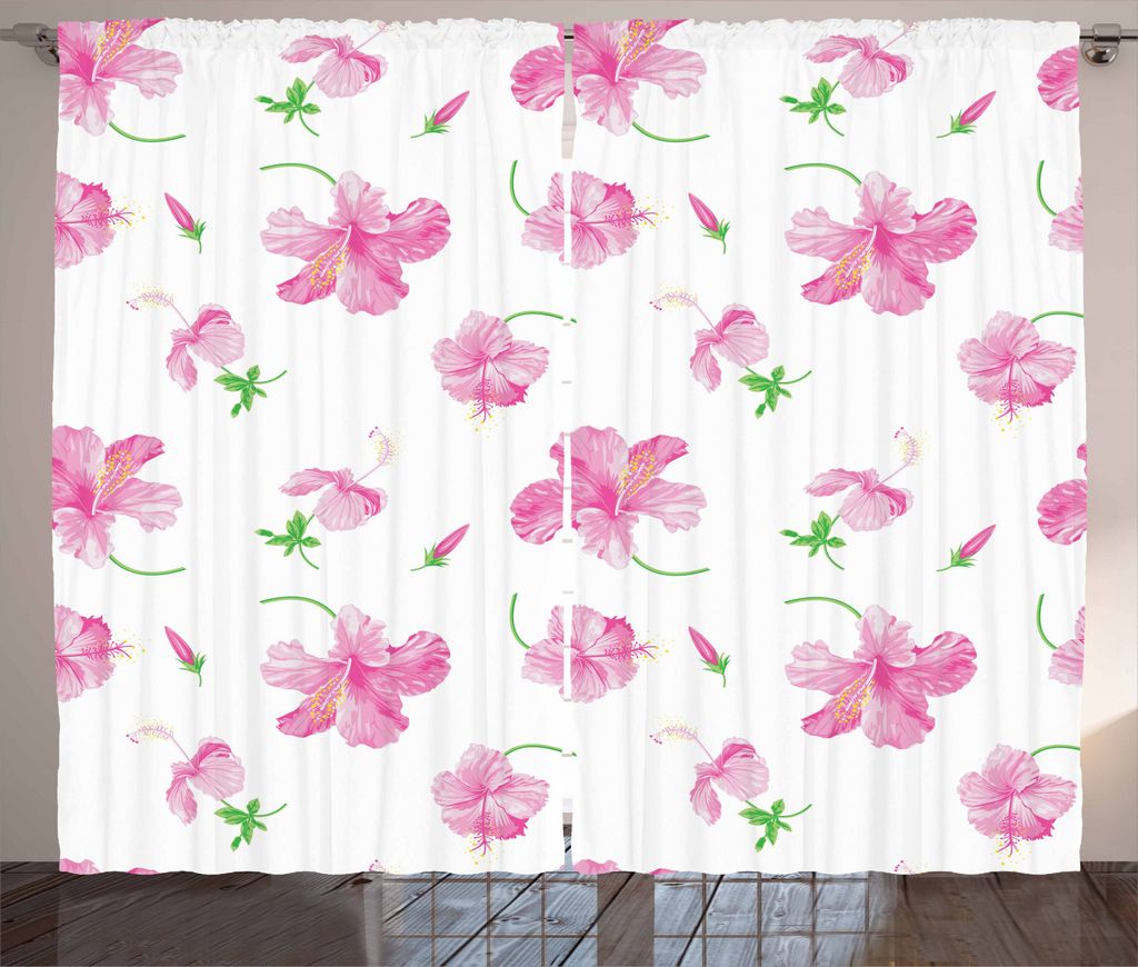 ABAKUHAUS Blumen Rustikaler Gardine, Blumenmuster-Land, Schlafzimmer Kräuselband Vorhang mit Schlaufen und Haken, 280 x 245 cm, Weiß Rosa
