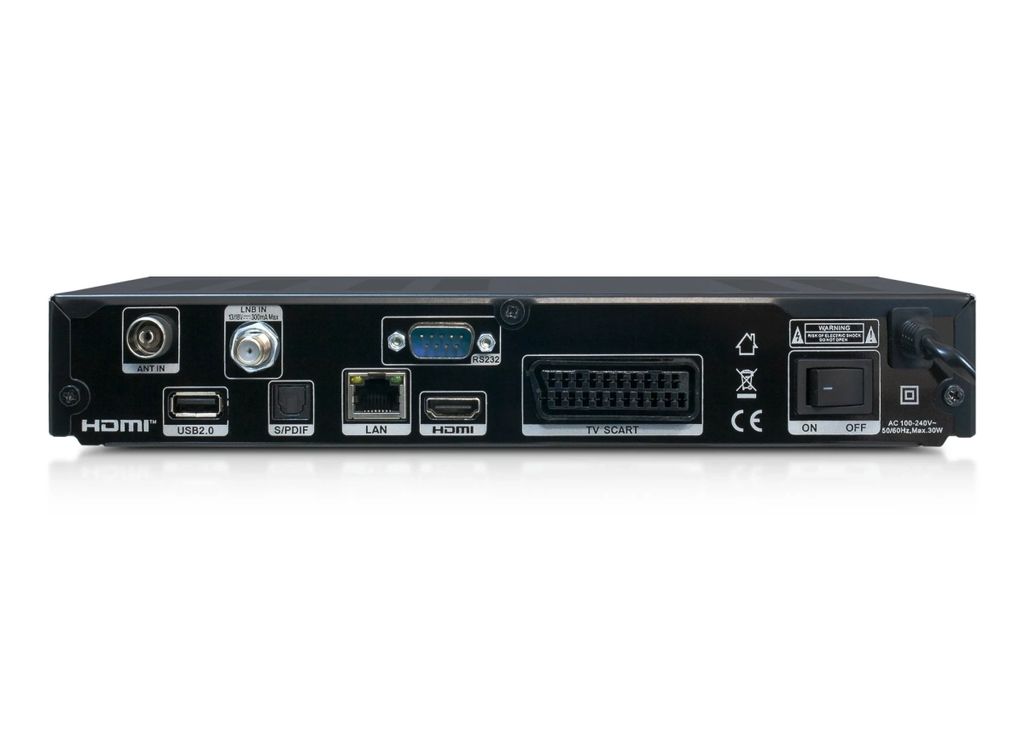 The back panel of a black electronic device, likely a set-top box, is shown against a white background.