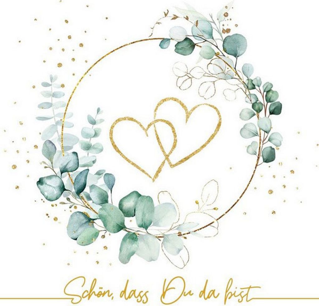 20 kleine Cocktail-Servietten Eucalyptus Hearts white - Herz um Eukalyptus weiß 25x25cm