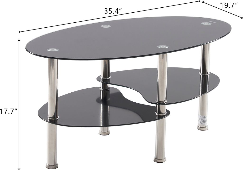 A black oval glass coffee table with a silver metal frame, shown with dimensions indicated by measurement lines and text.