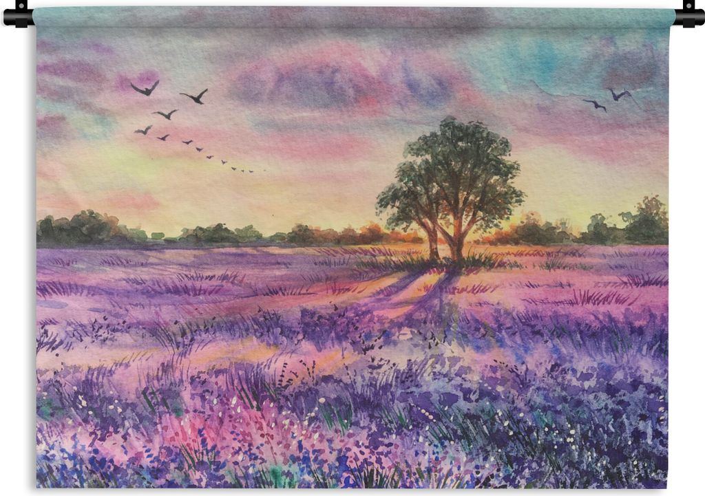 MuchoWow Wandteppich Wandbehang Lavendel - Farbe - Vögel - Bäume - Lila 120x90 cm Tapisserie Dekoration Wandtuch - Wohnen - Aufhänger für die...