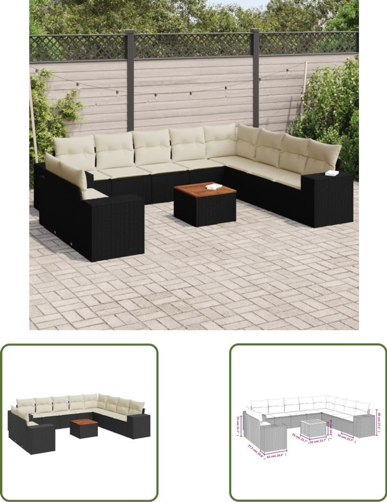 The Living Store 11-tlg. Garten-Sofagarnitur mit Kissen Schwarz Poly Rattan
