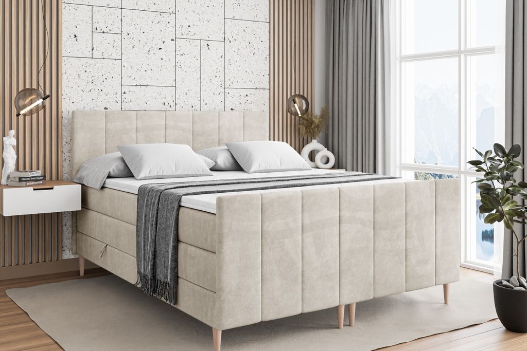 ALTDECOR Boxspringbett mit Holz Füßen, Matratze und Lattenrost, Topper, Fußteil, Polsterbett mit Bettkasten, Bett mit Stauraum H3- und H4- Matra...