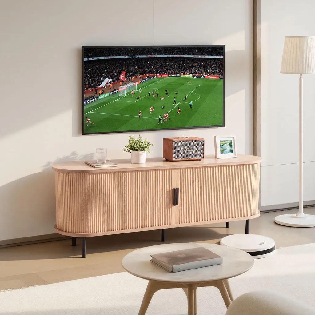 VEVOR Meuble TV Boho 147cm - Support TV avec Porte Coulissante Roulante