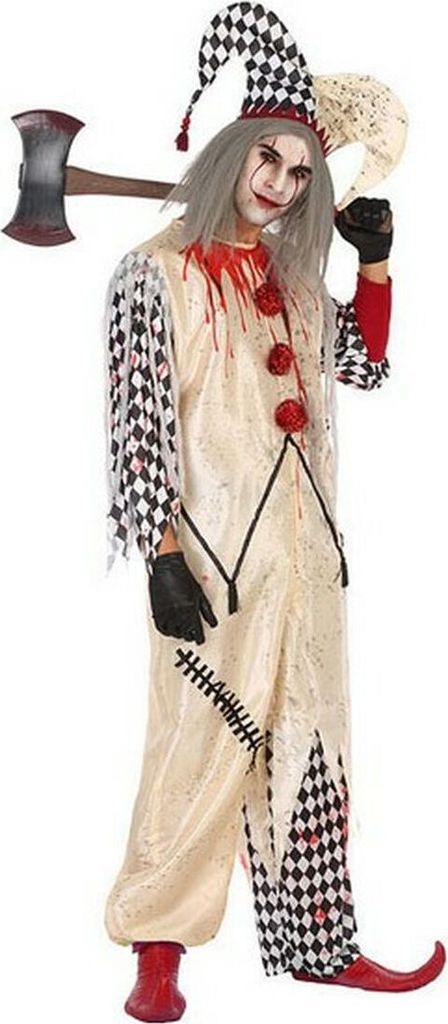 A person dressed in a bloody clown costume holding an axe.