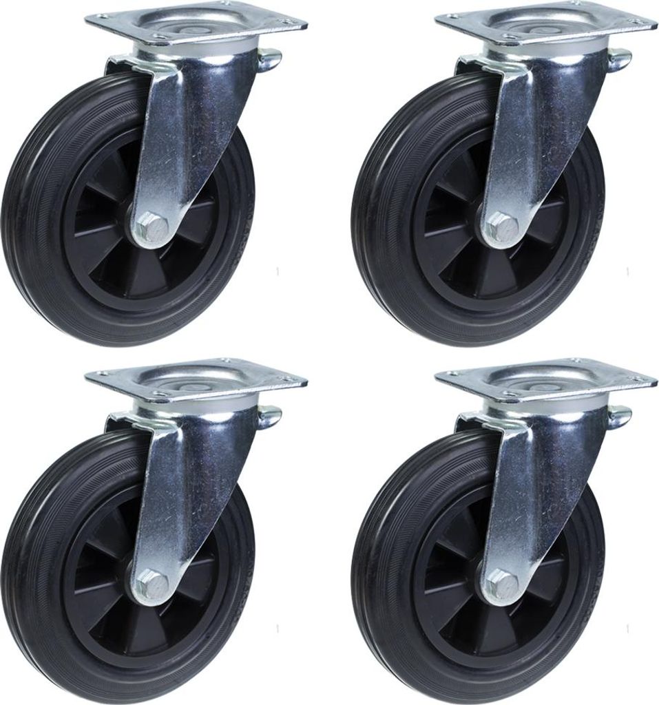 4 - 200mm Rollen aus schwarzem Gummi, drehbar, je 200kg Schwerlast 800kg pro Satz