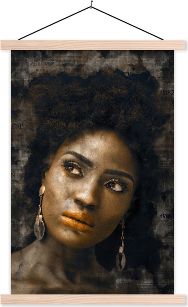MuchoWow Textilposter Frauen - Gold - Zeitungsartikel 60x90 cm mit holzfarbenen Rahmen - Textil