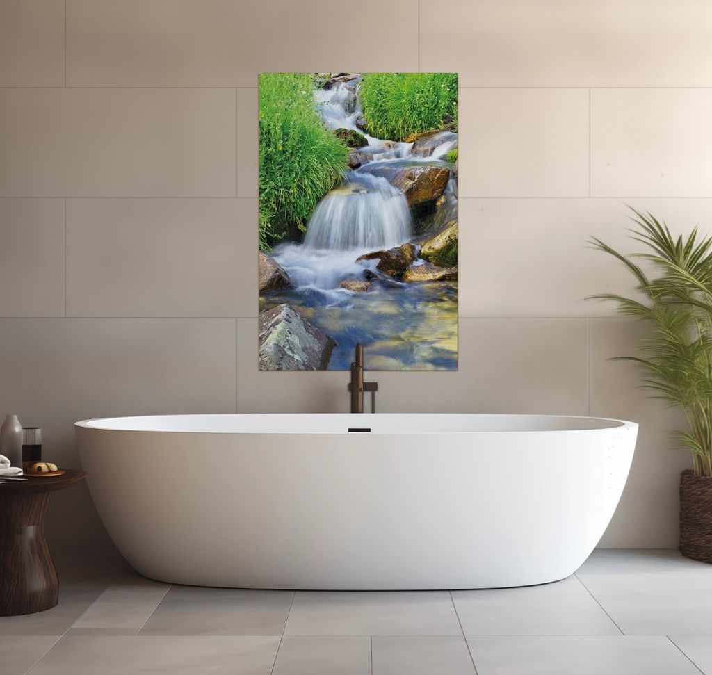 Wallario wasserfestes Poster selbstklebend 91,50 x 61 cm, Kleiner Bach über Steine, Badezimmerposter Spritzschutz mit Hochglanzoberfläche in Glas...
