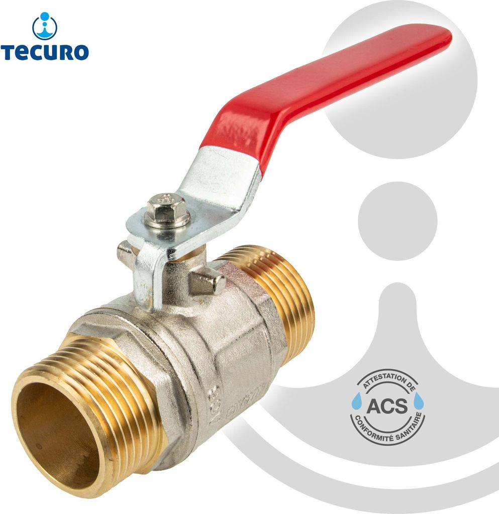 tecuro Kugelhahn (ACS), beids. Außengewinde G 1 1/2 Zoll (DN 40) Stahlhebel lang, MS-vernickelt
