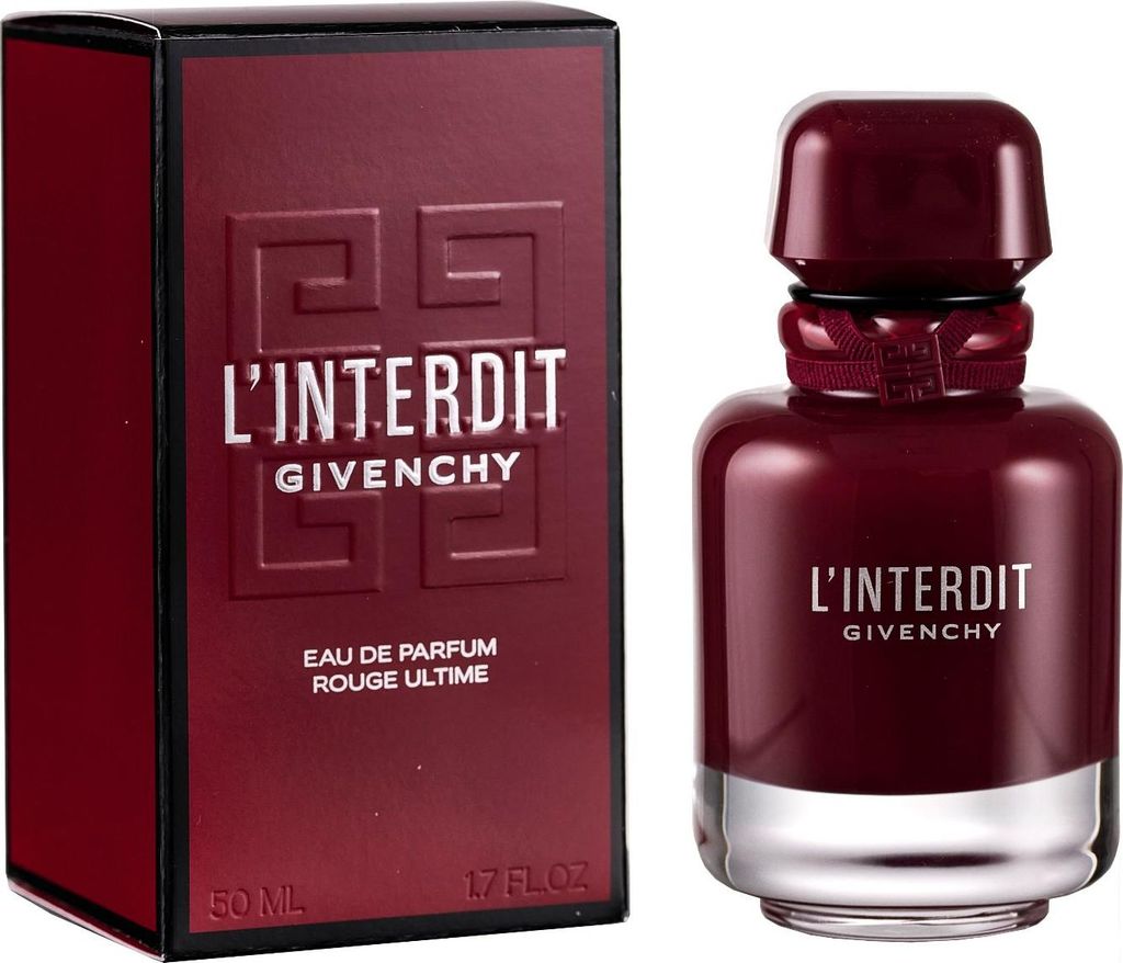 A bottle of Givenchy L'Interdit Rouge Ultime Eau de Parfum and its packaging are displayed against a white background.