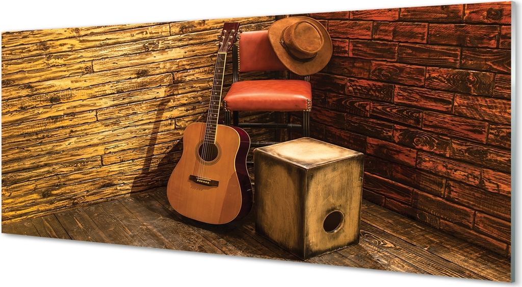 Glasbilder 125x50 Wandkunst Gitarre Hut Stuhl