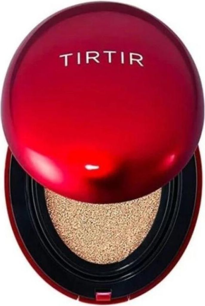 A close-up, top-down view of an open makeup cushion compact with a red lid.
