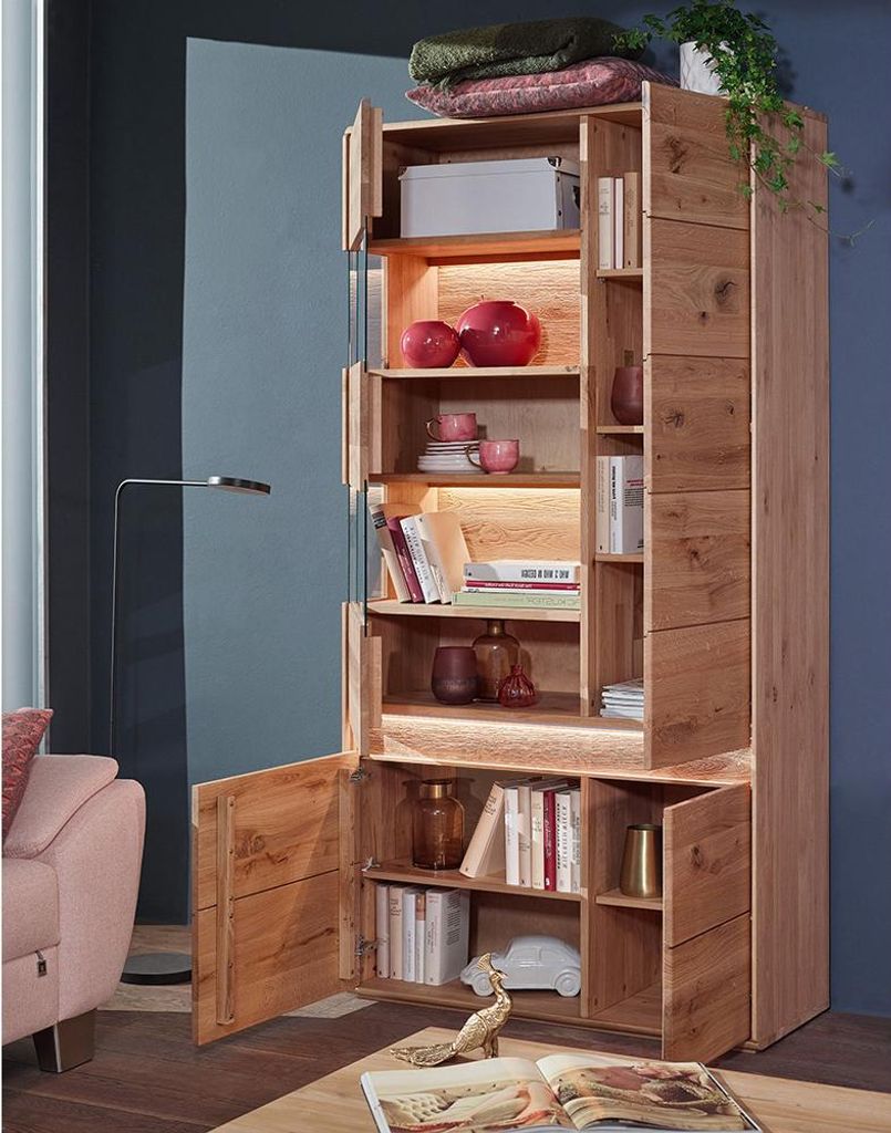 Esszimmer-Set mit 180x100 cm Esstisch & LED-Beleuchtung, Massivholz Eiche, 3-teilig - WELLAND-69