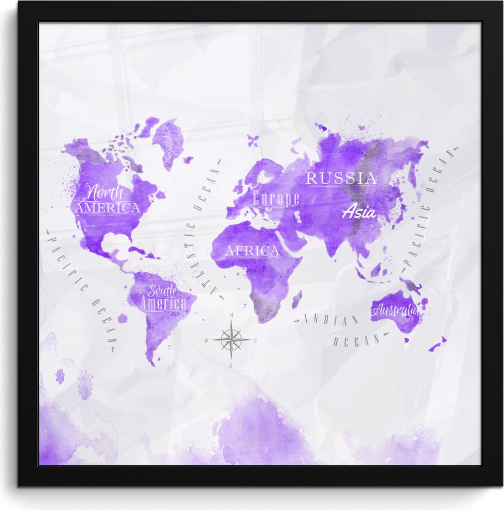 MuchoWow MuchoWow Gerahmtes Poster Weltkarten - Ölfarbe - Violett 40x40 cm - Poster mit zchwarzem Bilderrahmen - Mit Rahmen - Wanddekoration S...