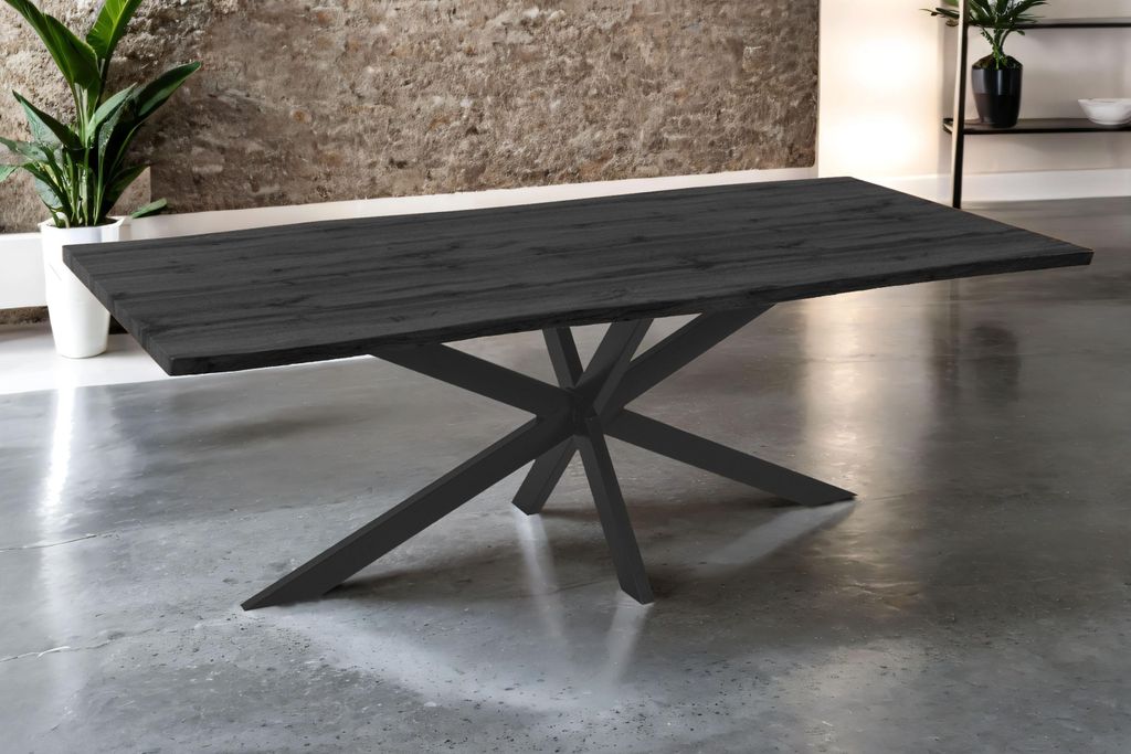 Esstisch 240x100 cm Baumkante Holz Grau-Optik Spider-Gestell Metall schwarz JOSY