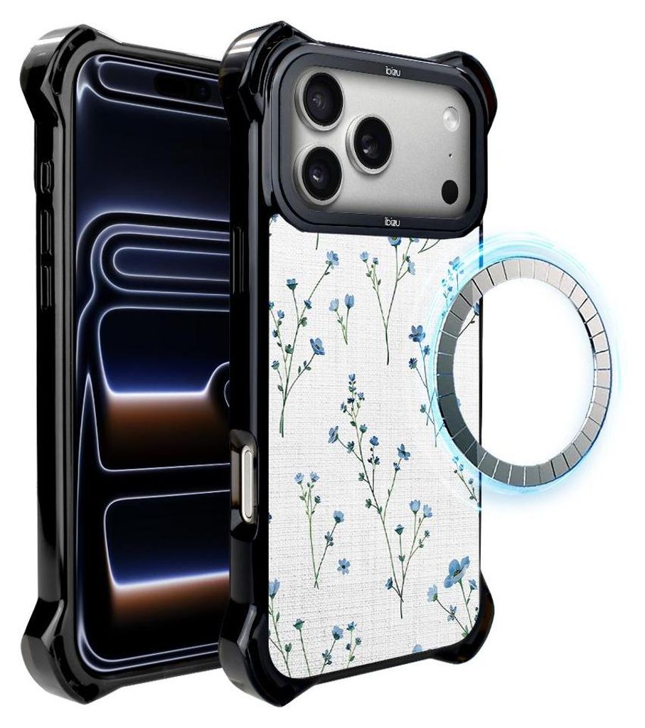 Schutzhülle für das iPhone 17 Pro Max, MagSafe-kompatibel, verstärkte Ecken, schwarz, Blaue Blumen