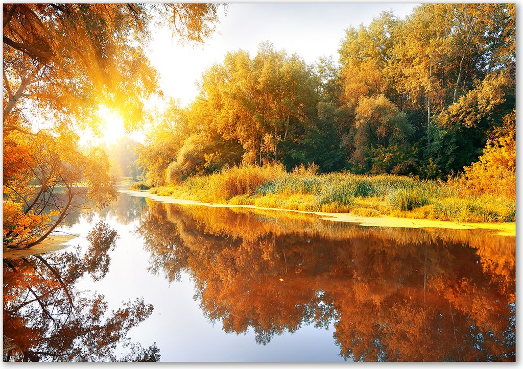 Tulup Leinwandbild - 100x70 cm - Wandkunst - Drucke auf Leinwand - Leinwanddruck - Landschaften - Orange - Fluss im Herbst