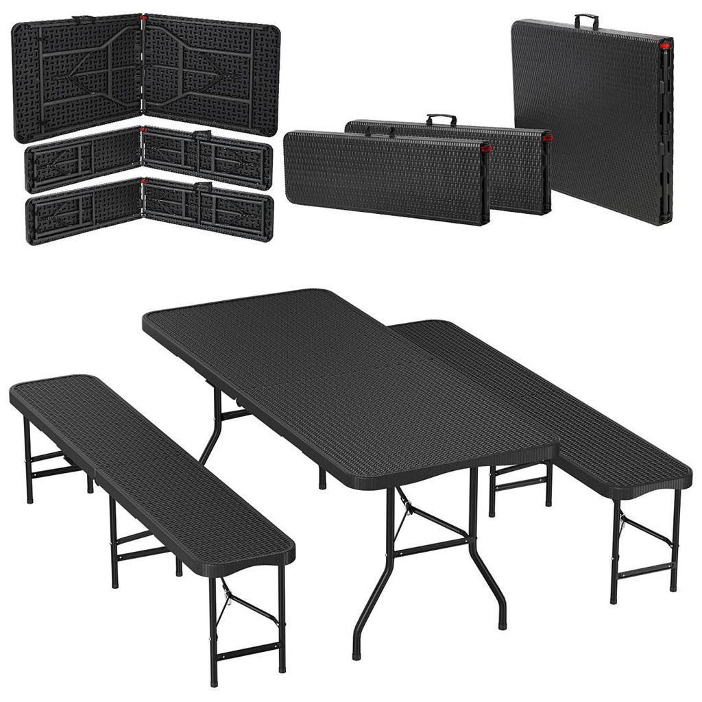 Faziango Bierzeltgarnitur 3-tlg., Tisch+2 Bänke, klappbar, Rattan-Look Schwarz – 180 x 74 x 74 cm – Gartenmöbel-Set Festzeltgarnitur Sitzgarn...
