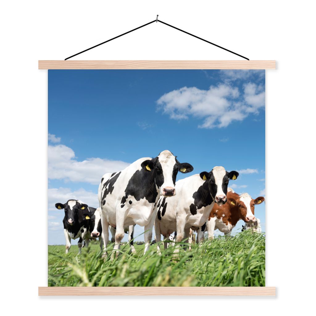 MuchoWow Textilposter Kühe - Landleben - Weide - Natur - Tiere 120x120 cm mit holzfarbenen Rahmen - Textil-Poster