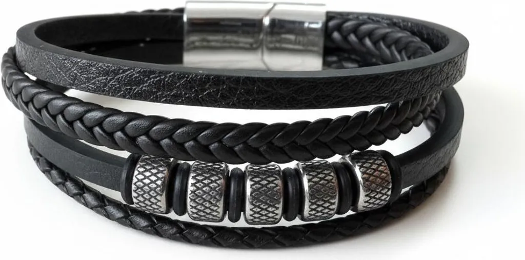 Bracelet Homme Cuir et Acier Argenté : Cadeau Idéal Style Rétro 21 cm - 8