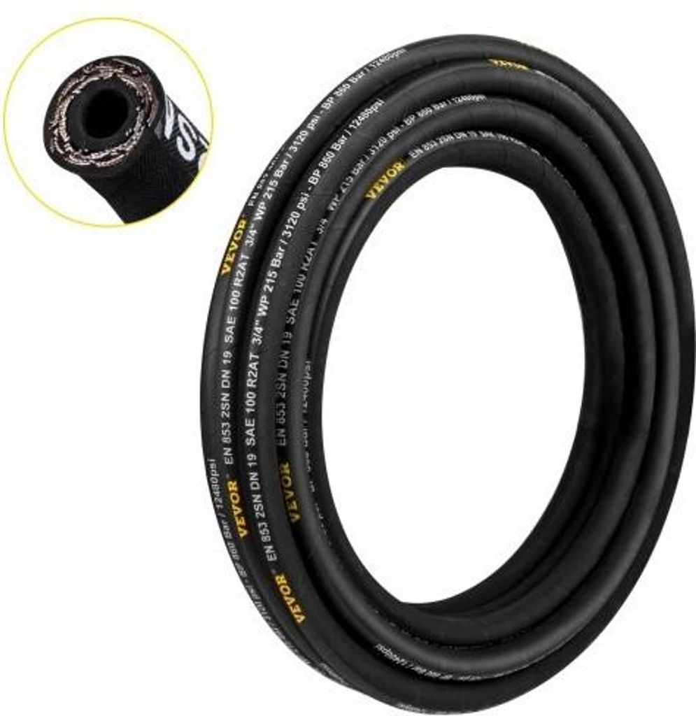 VEVOR Hydraulikschlauch 0,3 cm x 15,2 m, gewickelter Hydraulikschlauch 4800 PSI, Gummi-Hydraulikschlauch mit 2 hochfesten Stahldrahtgeflechten, Bul...
