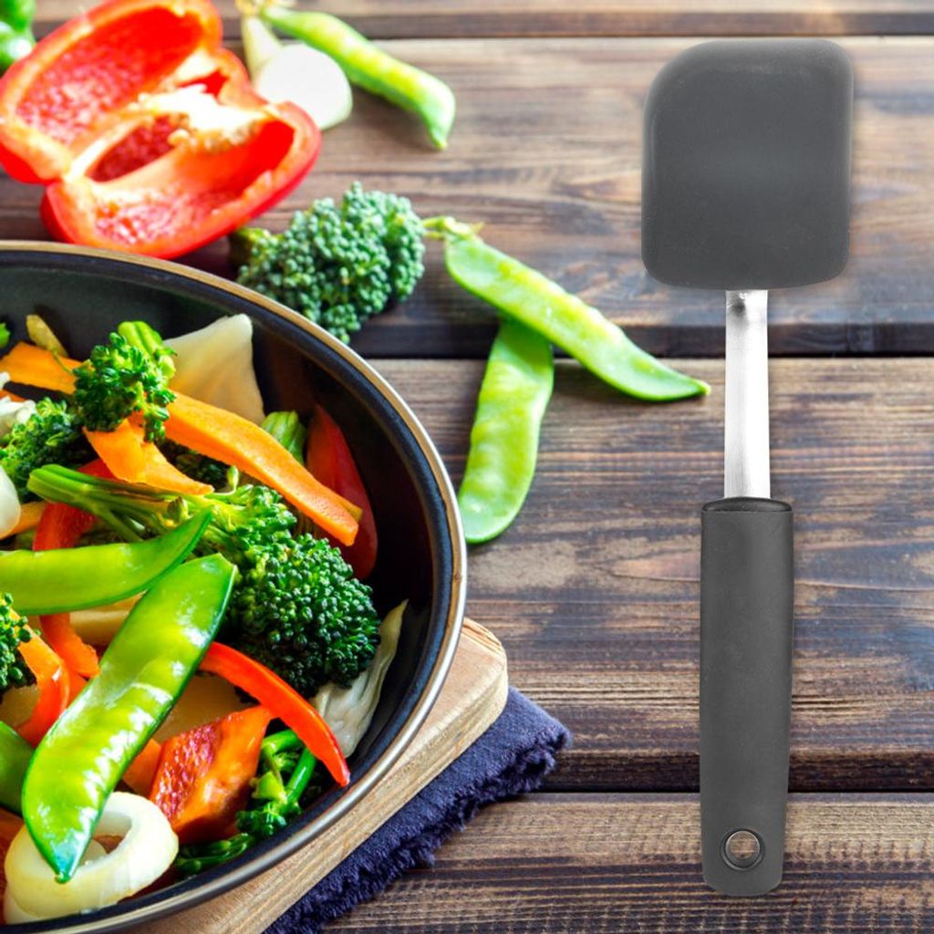 1 Stück schwarzer Silikon-Wender (klein) mit Edelstahlgriff für antihaftbeschichtetes Kochgeschirr, 26,5 x 6,5 cm