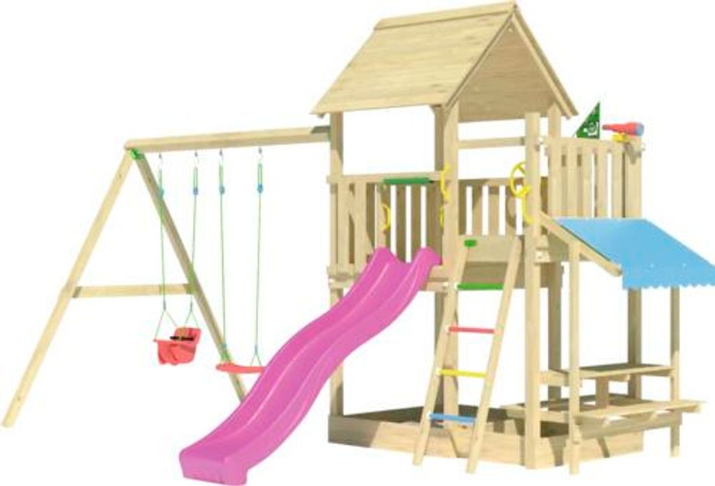 Doppelschaukel Spielhaus mit Stelzen Jungle Gym 476 x 306 cm Holz fuchsia