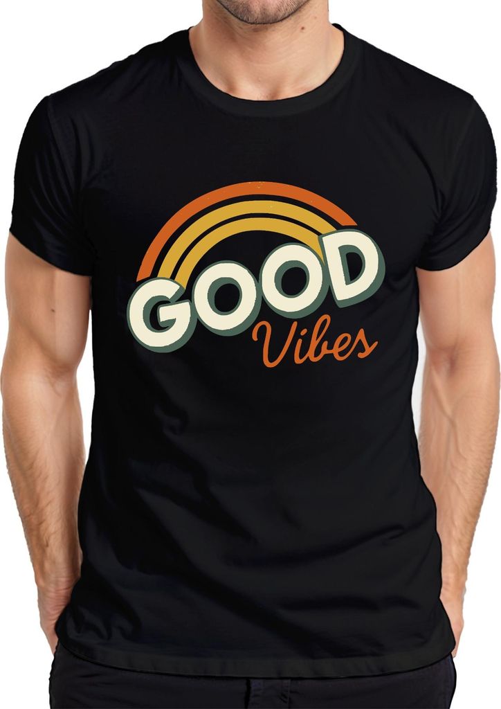Good Vibes Retro Regenbogen Vintage 70erJahre Hippie Boho Sommer Herren T-Shirt, Schwarz, 3XL