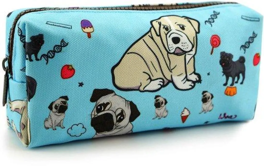 Trousse en lin bleu imprimé chiens - Pochette textile multifonctionnelle