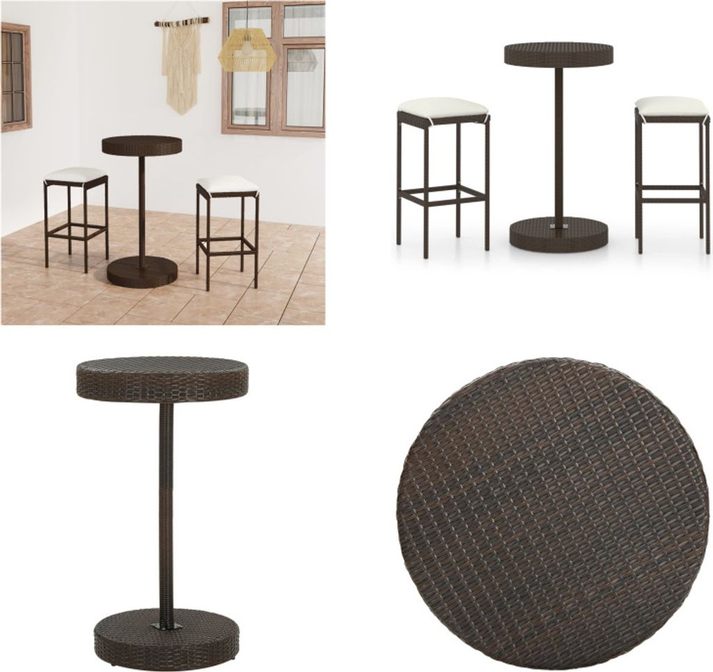 vidaXL 3 tlg. Gartenbar Set mit Kissen Poly Rattan Braun - Bar-Set - Bar-Sets - Bartisch Und Barhocker - Bartisch