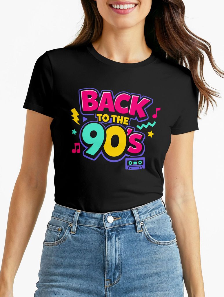 Damen T-Shirt - Back to 90s Party - Fasching Karneval Kostüm-Ersatz Verkleidung Last Minute Kostüm Funshirt Moonworks