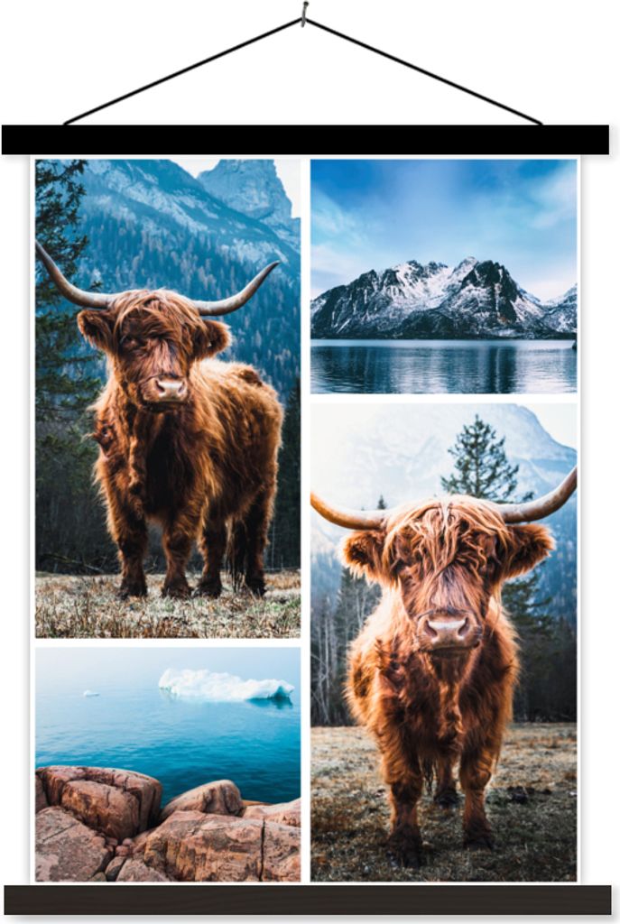 MuchoWow Textilposter Schottisches Hochlandrind - Tiere - Collage 90x120 cm mit schwarzem Rahmen - Dekoration