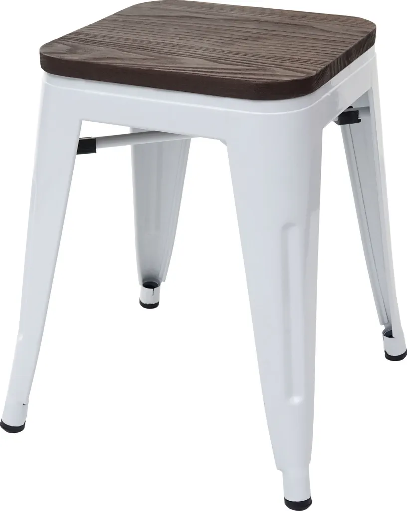 Sgabello HWC-A73 Bianco Metallo e Legno: Design Industriale Impilabile