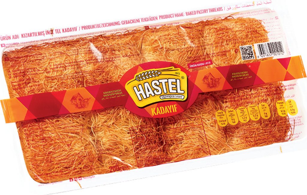 A package of baked pastry threads, labeled as Kadayif, with brand name HASTEL.