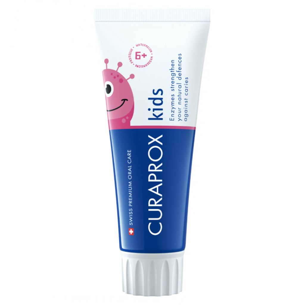 A tube of Curaprox kids toothpaste against a white background.